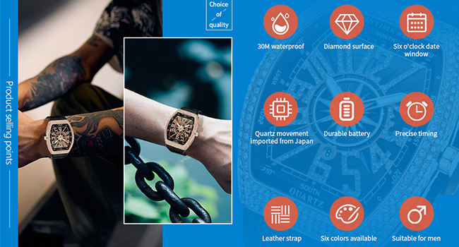 FANMIS Mens Skull Big Face Watches Rectangle Punk Diamond 