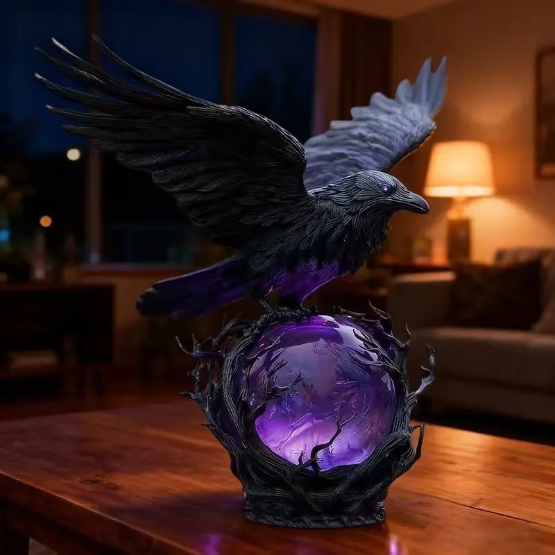 Gothic Glowing Ball Raven Statue
