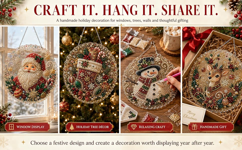 DIY Pearl Diamond Painting Suncatcher Handicraft Kit - 8in Round Lace Edge Acrylic Panel, Pre-Mounted Metal Chain, 3D Mixed Pearls, Christmas Holiday Ornament Gift for Home Window Wall Decoration, DIY Kits, Pre-Mounted Set