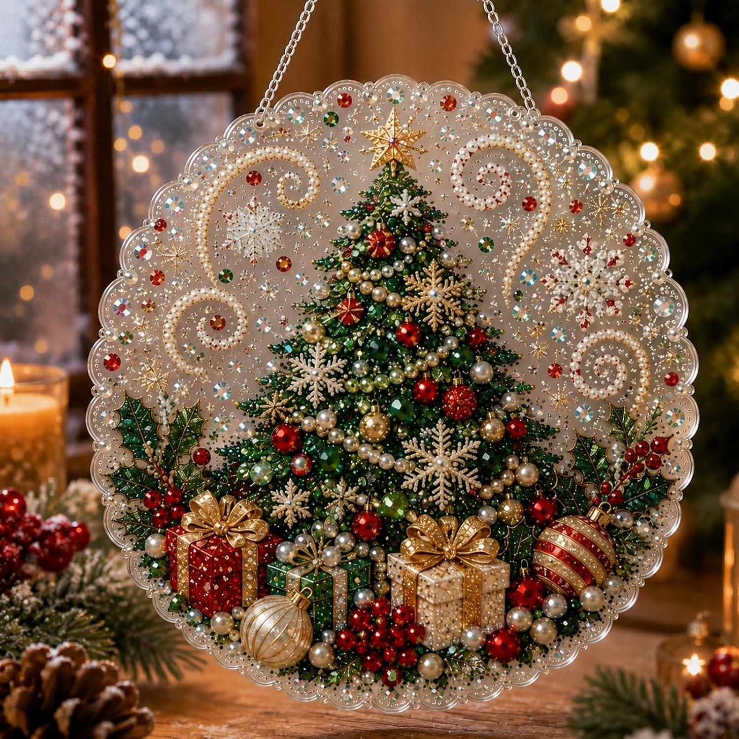 DIY Pearl Diamond Painting Suncatcher Handicraft Kit - 8in Round Lace Edge Acrylic Panel, Pre-Mounted Metal Chain, 3D Mixed Pearls, Christmas Holiday Ornament Gift for Home Window Wall Decoration, DIY Kits, Pre-Mounted Set