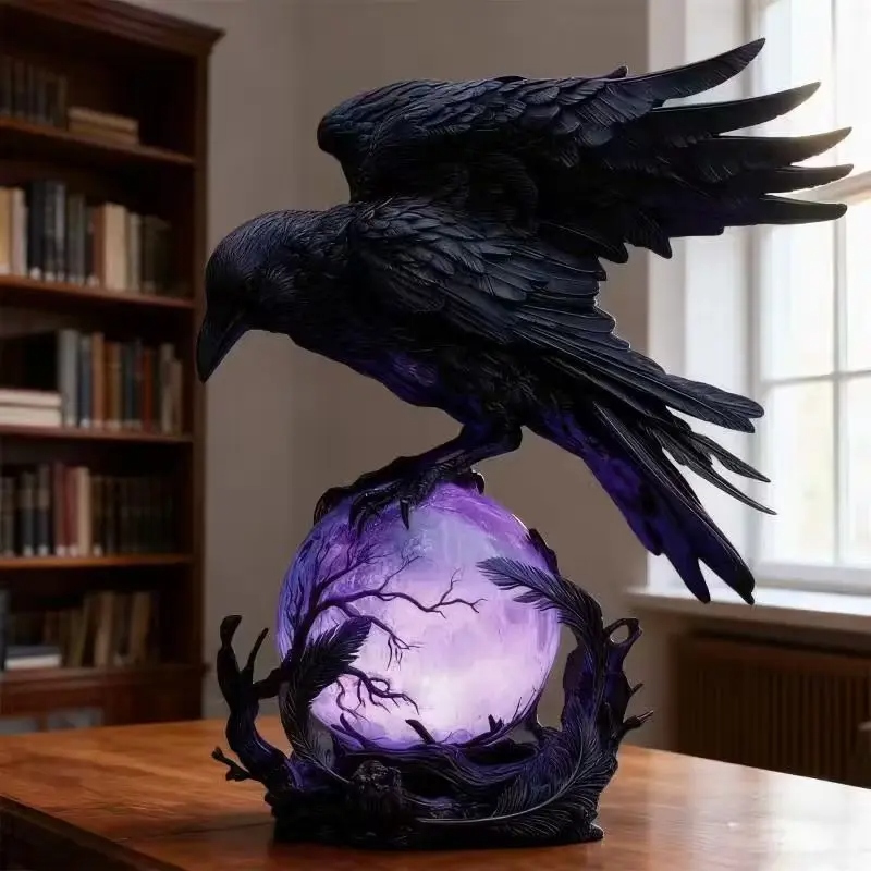 Gothic Glowing Ball Raven Statue