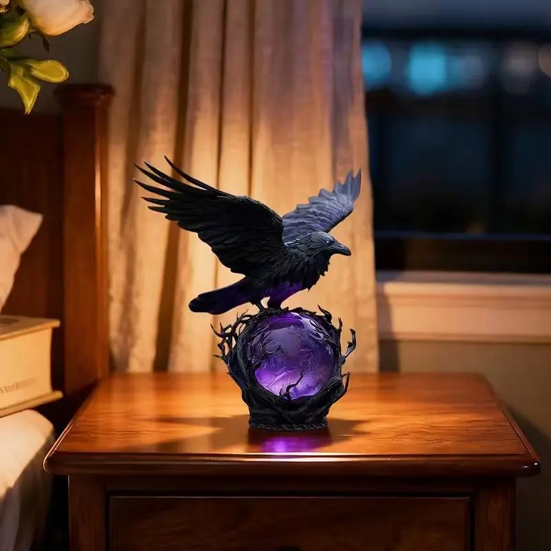 Gothic Glowing Ball Raven Statue