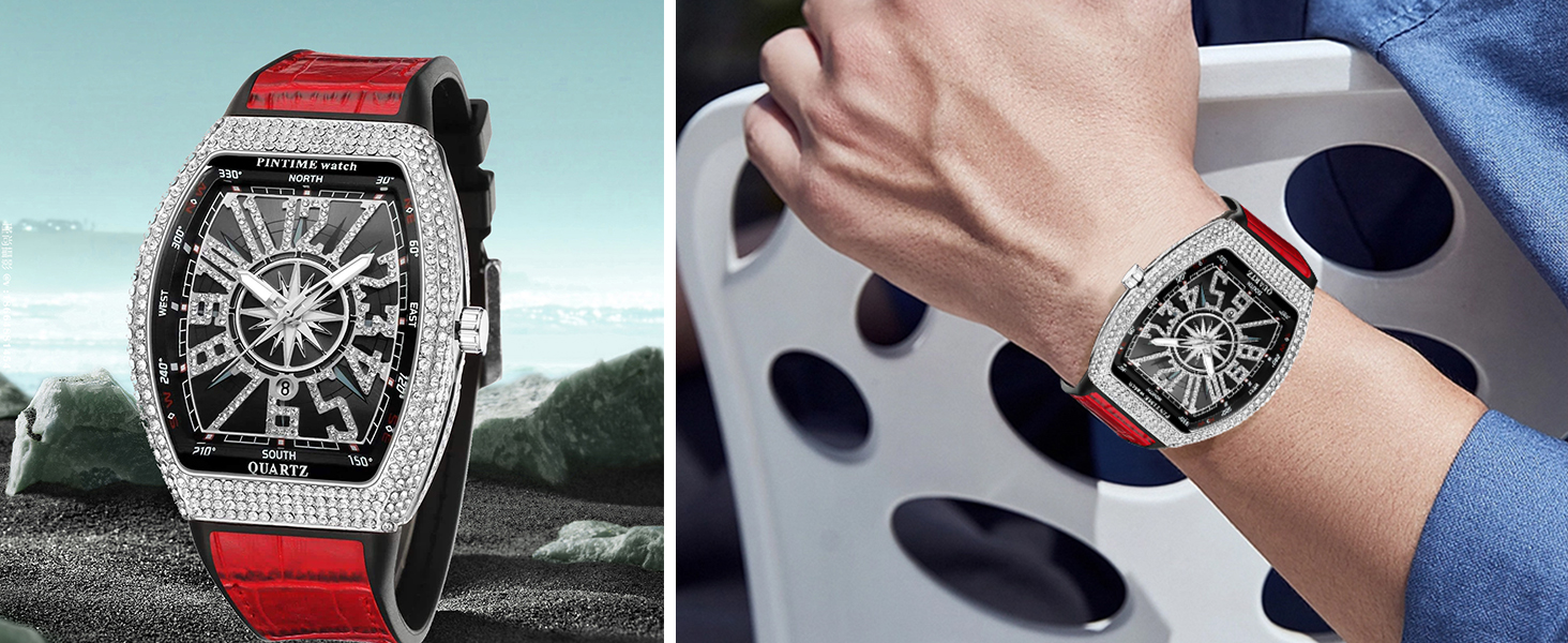  Mens Skull Big Face Watches Rectangle Punk Diamond Dial 