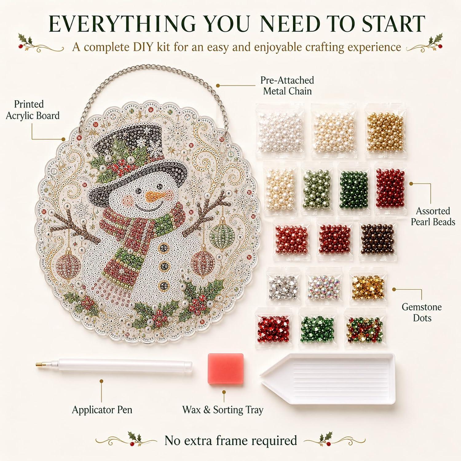 DIY Pearl Diamond Painting Suncatcher Handicraft Kit - 8in Round Lace Edge Acrylic Panel, Pre-Mounted Metal Chain, 3D Mixed Pearls, Christmas Holiday Ornament Gift for Home Window Wall Decoration, DIY Kits, Pre-Mounted Set