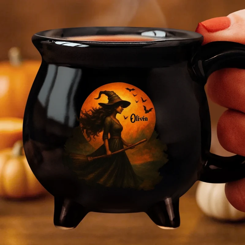Custom Witch Cauldron Coffee Mug - Personalized Halloween Witchy Gifts For Besties, Sisters, BFF, Family, Yourself - Witching You A Wicked Brew