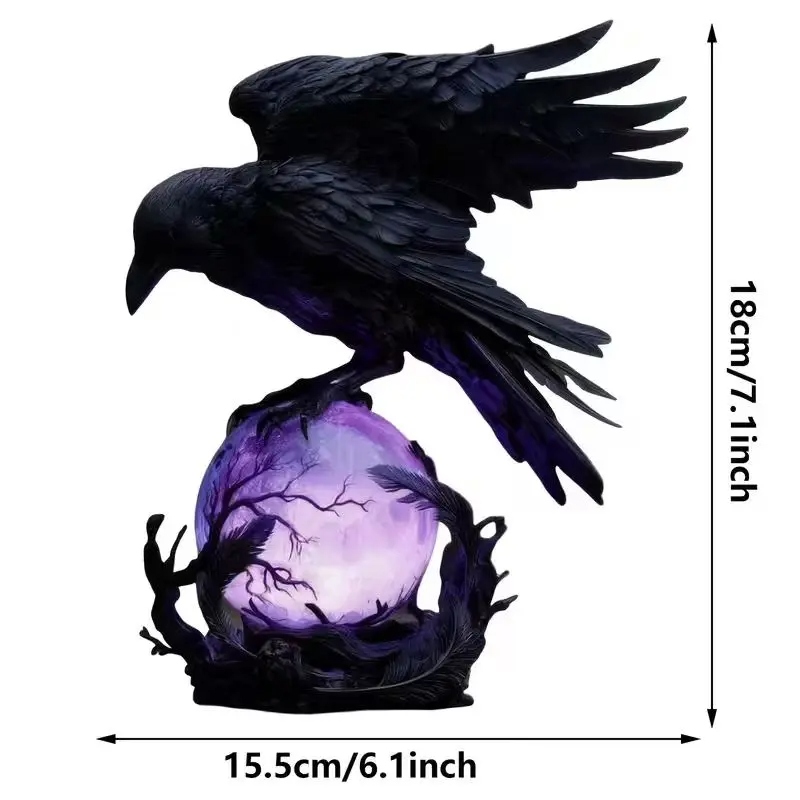 Gothic Glowing Ball Raven Statue