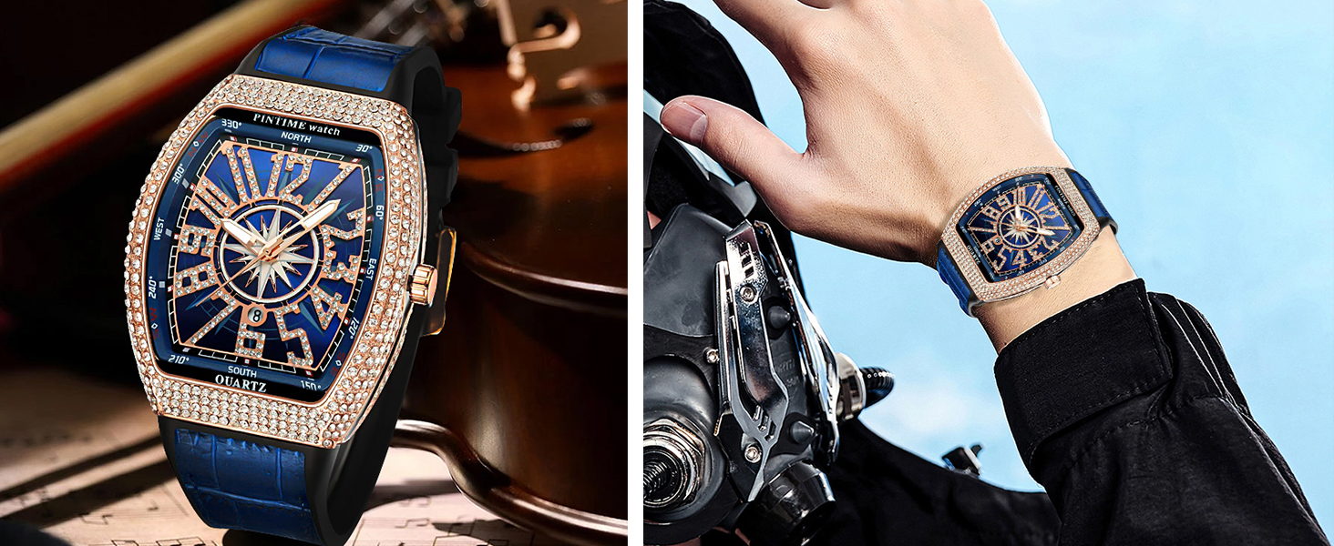  Mens Skull Big Face Watches Rectangle Punk Diamond Dial 