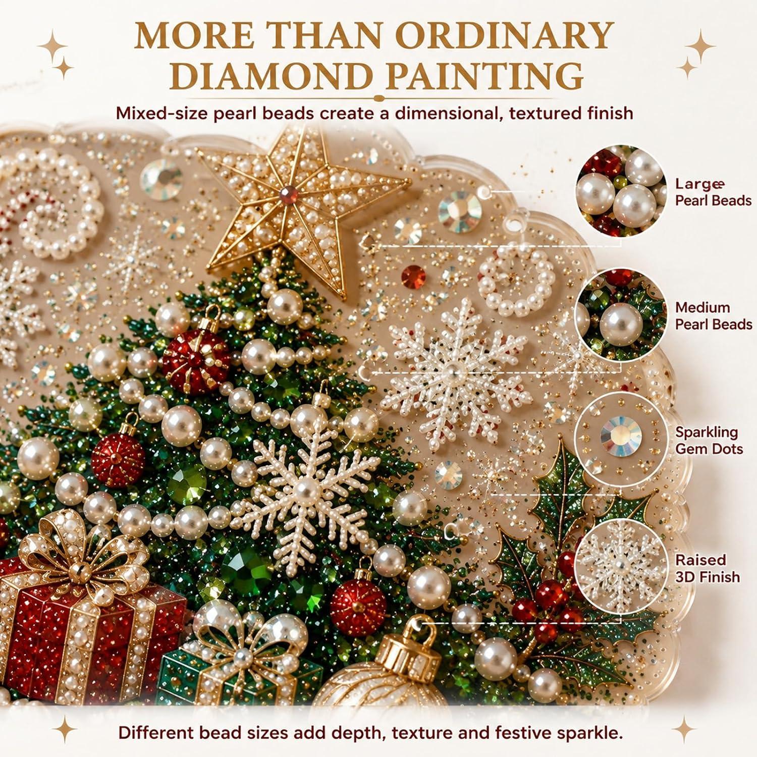 DIY Pearl Diamond Painting Suncatcher Handicraft Kit - 8in Round Lace Edge Acrylic Panel, Pre-Mounted Metal Chain, 3D Mixed Pearls, Christmas Holiday Ornament Gift for Home Window Wall Decoration, DIY Kits, Pre-Mounted Set