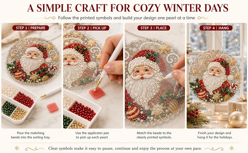 DIY Pearl Diamond Painting Suncatcher Handicraft Kit - 8in Round Lace Edge Acrylic Panel, Pre-Mounted Metal Chain, 3D Mixed Pearls, Christmas Holiday Ornament Gift for Home Window Wall Decoration, DIY Kits, Pre-Mounted Set