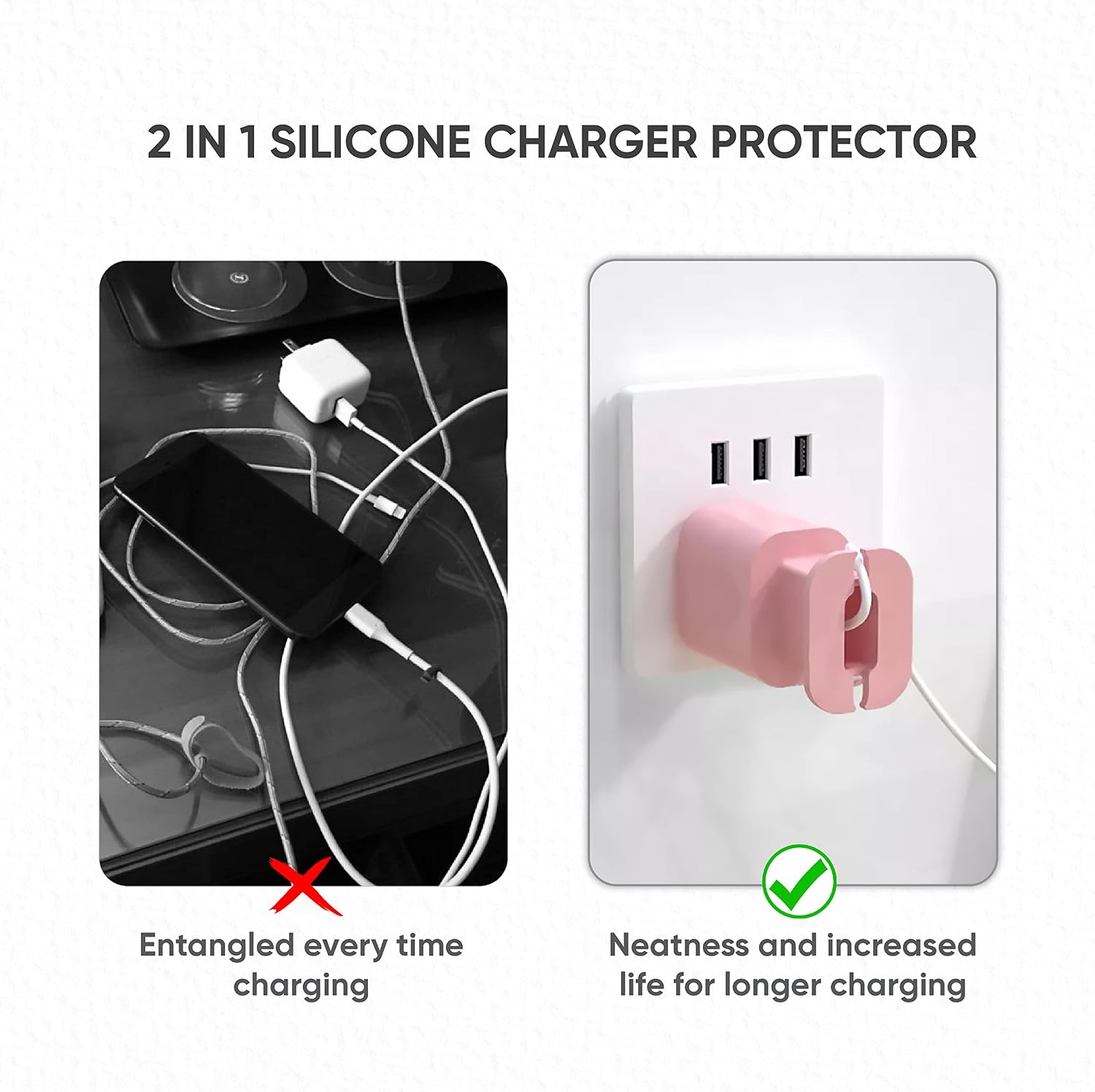Protector de cargador de silicona 2 en 1 con envoltura de cable, funda adaptador de corriente de silicona para iPhone, devanador de cargador Snapback, compatible con 18W/20W (2P-WG)