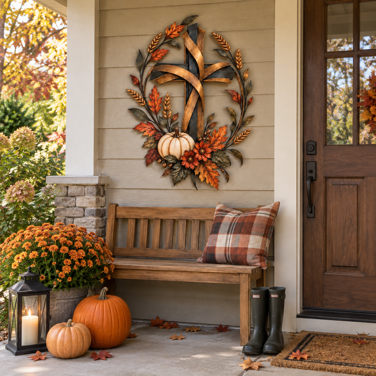 ✝️🍂 Autumn Cross & Pumpkin Harvest Metal Wall Decor