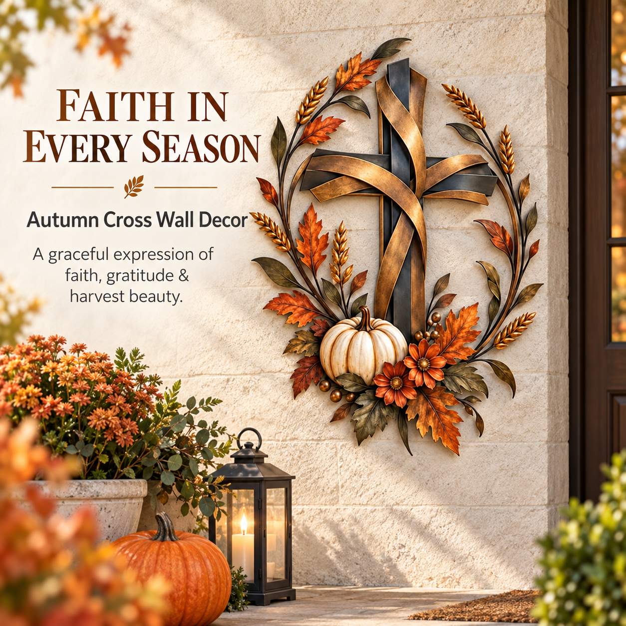 ✝️🍂 Autumn Cross & Pumpkin Harvest Metal Wall Decor