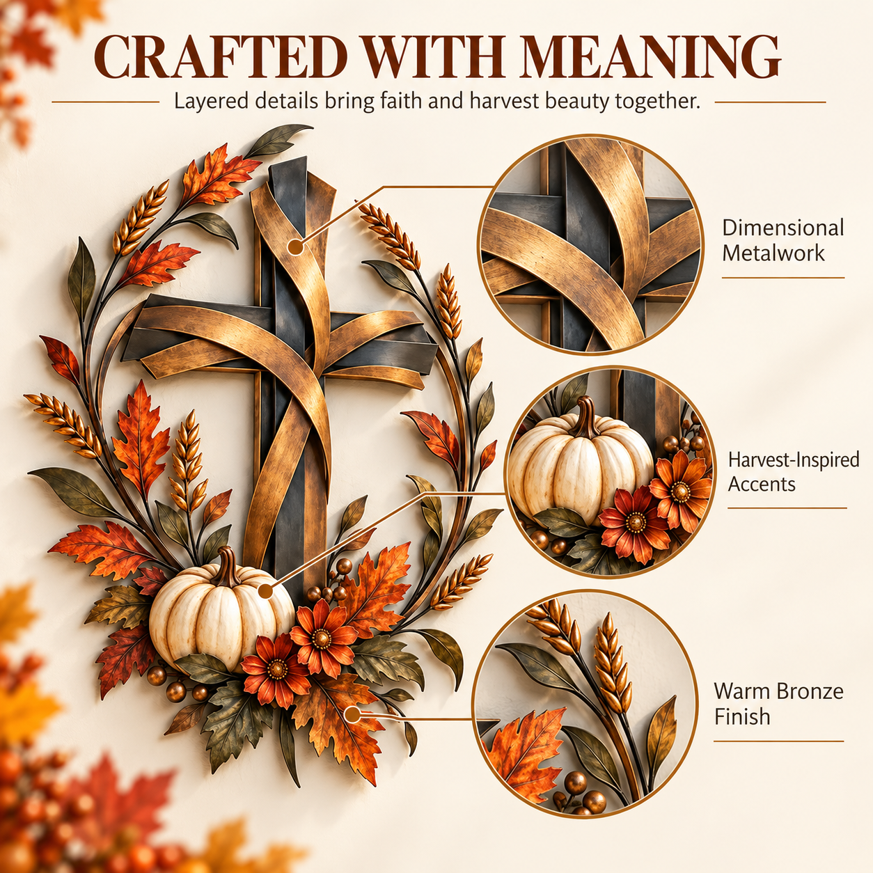 ✝️🍂 Autumn Cross & Pumpkin Harvest Metal Wall Decor