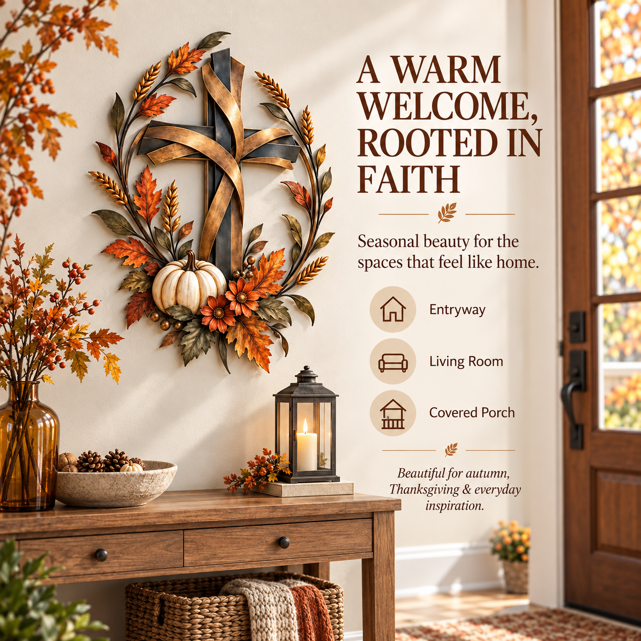 ✝️🍂 Autumn Cross & Pumpkin Harvest Metal Wall Decor