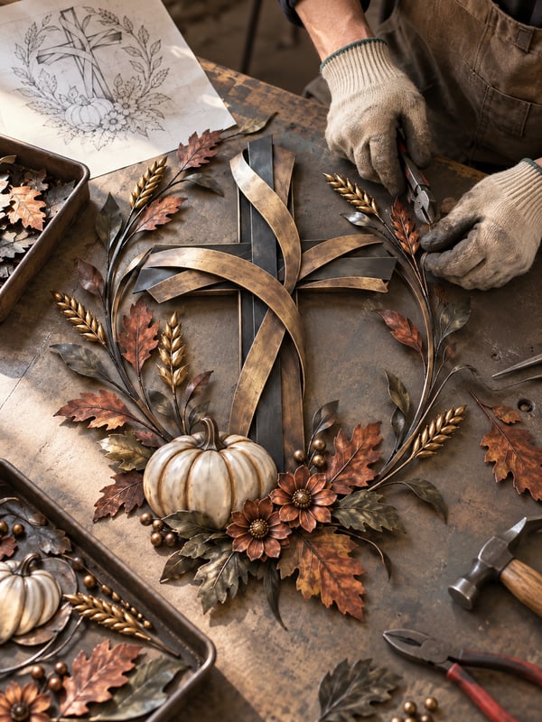 ✝️🍂 Autumn Cross & Pumpkin Harvest Metal Wall Decor