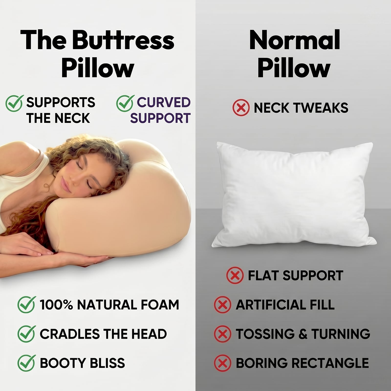 The Buttress Pillow versus a normal rectangular pillow — curved neck support, natural latex foam, and head cradling versus flat support