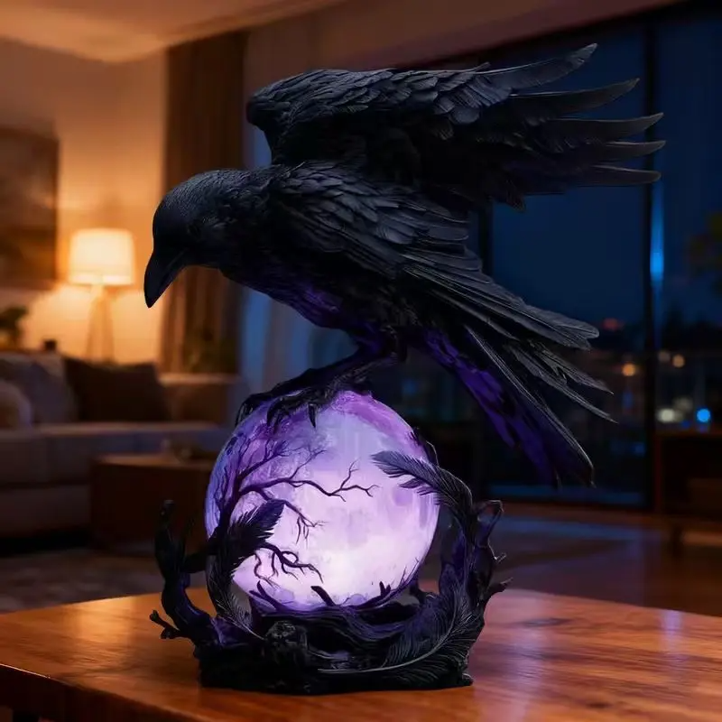 Gothic Glowing Ball Raven Statue