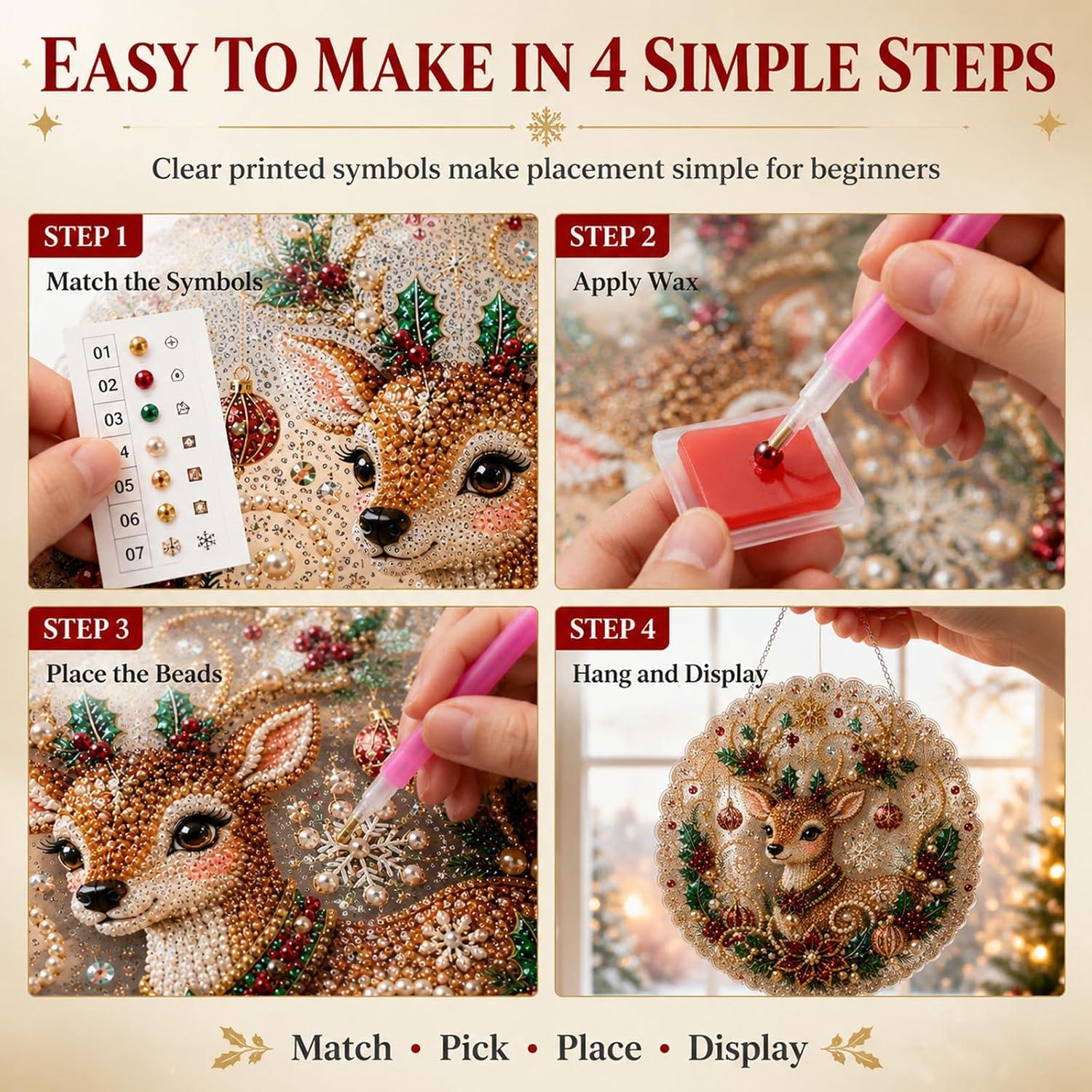 DIY Pearl Diamond Painting Suncatcher Handicraft Kit - 8in Round Lace Edge Acrylic Panel, Pre-Mounted Metal Chain, 3D Mixed Pearls, Christmas Holiday Ornament Gift for Home Window Wall Decoration, DIY Kits, Pre-Mounted Set