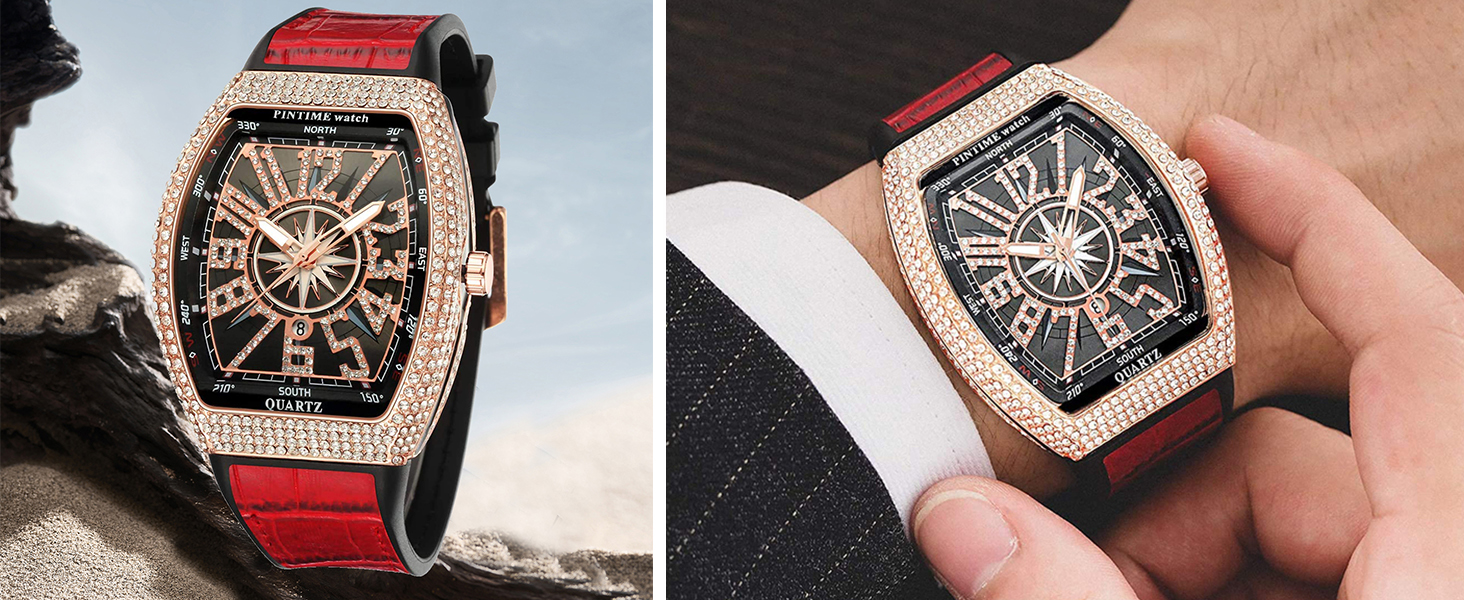  Mens Skull Big Face Watches Rectangle Punk Diamond Dial 