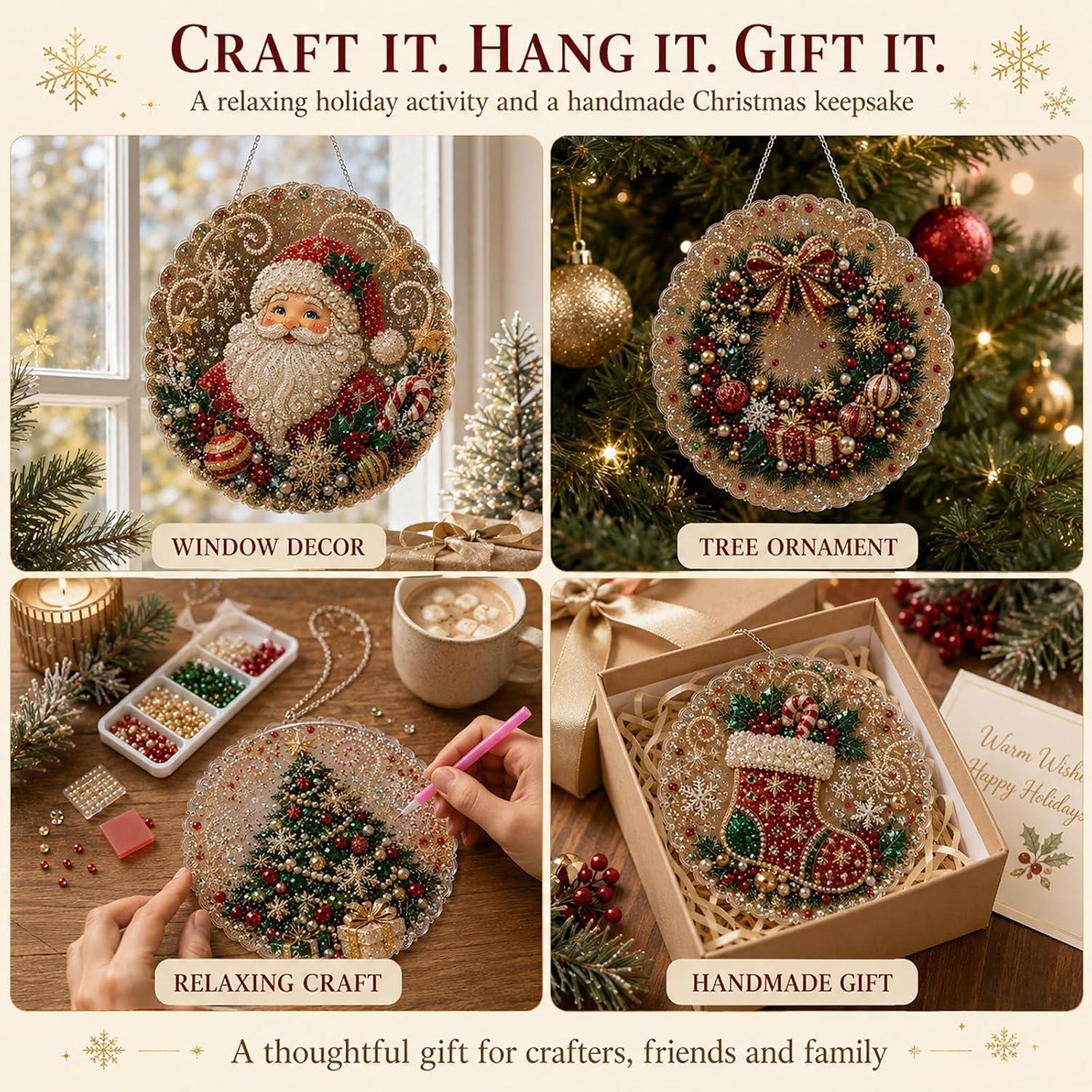 DIY Pearl Diamond Painting Suncatcher Handicraft Kit - 8in Round Lace Edge Acrylic Panel, Pre-Mounted Metal Chain, 3D Mixed Pearls, Christmas Holiday Ornament Gift for Home Window Wall Decoration, DIY Kits, Pre-Mounted Set