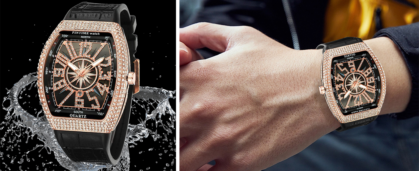  Mens Skull Big Face Watches Rectangle Punk Diamond Dial 