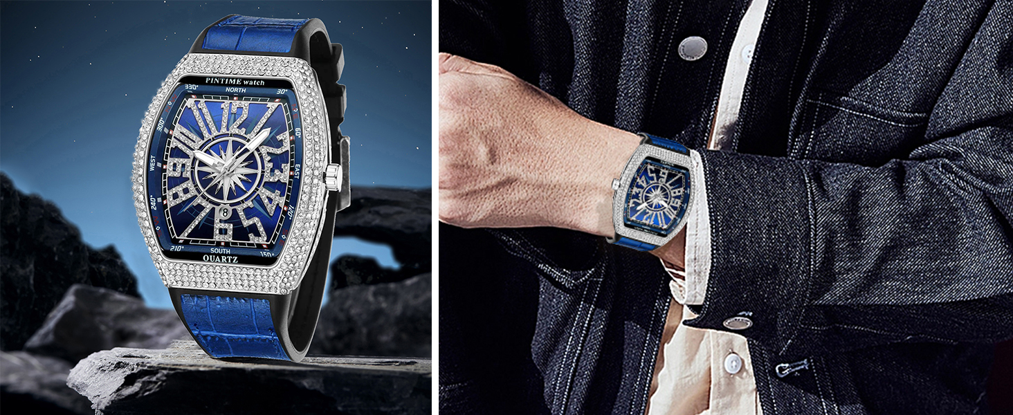  Mens Skull Big Face Watches Rectangle Punk Diamond Dial 