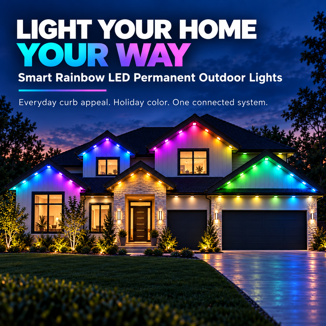 Smart rainbow LED permanent outdoor lights illuminating a house