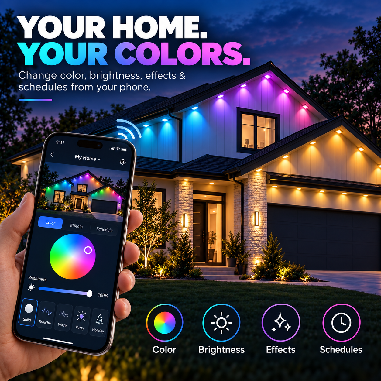Smartphone app controlling the colors and brightness of outdoor lights