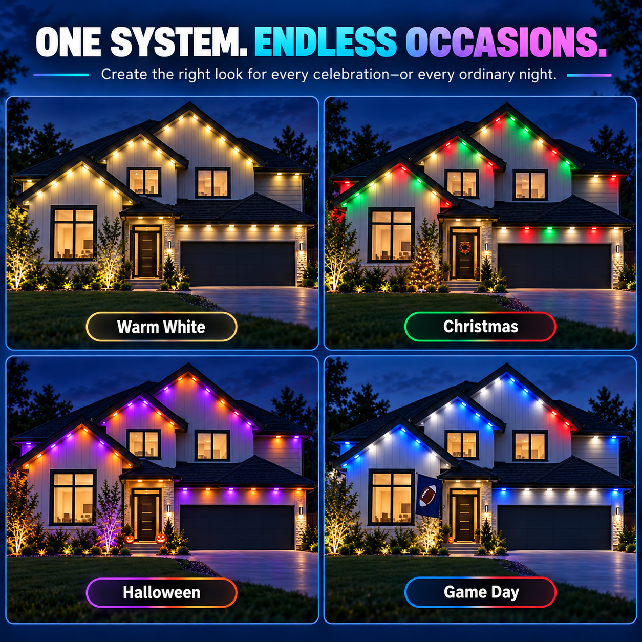 Permanent smart outdoor lights shown in different colors for holidays and celebrations