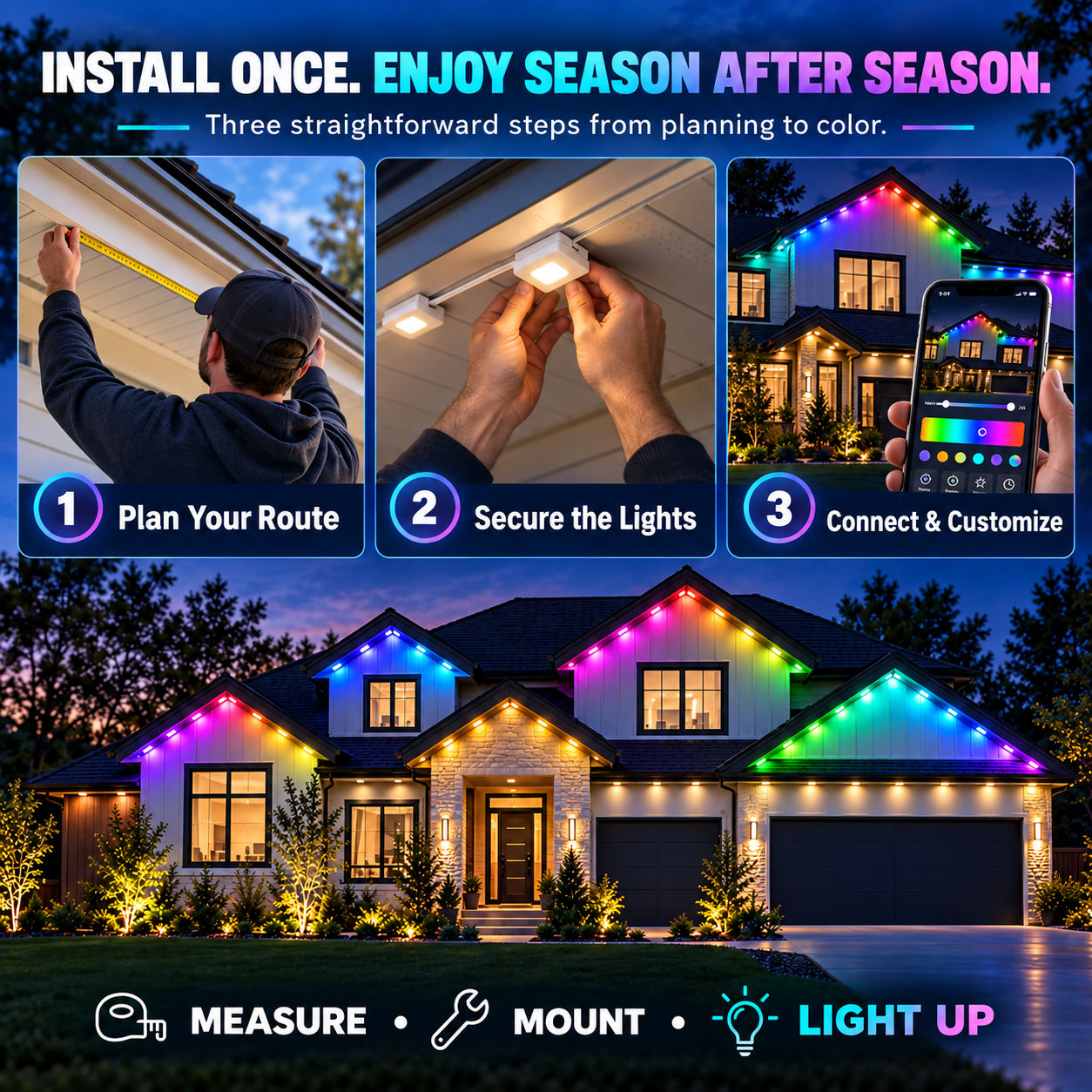 Outdoor smart lighting installation steps and finished roofline