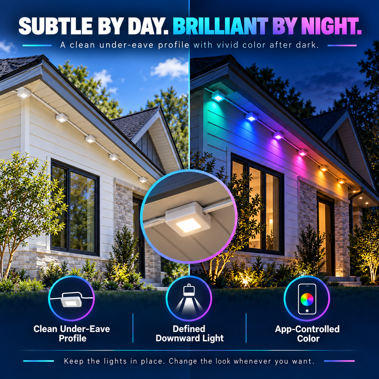 Daytime and nighttime appearance of permanent under-eave smart LED lights