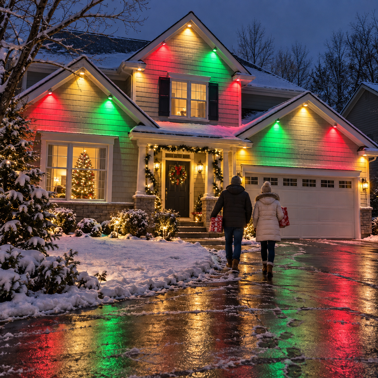 Permanent outdoor LED lights illuminating a house roofline at night