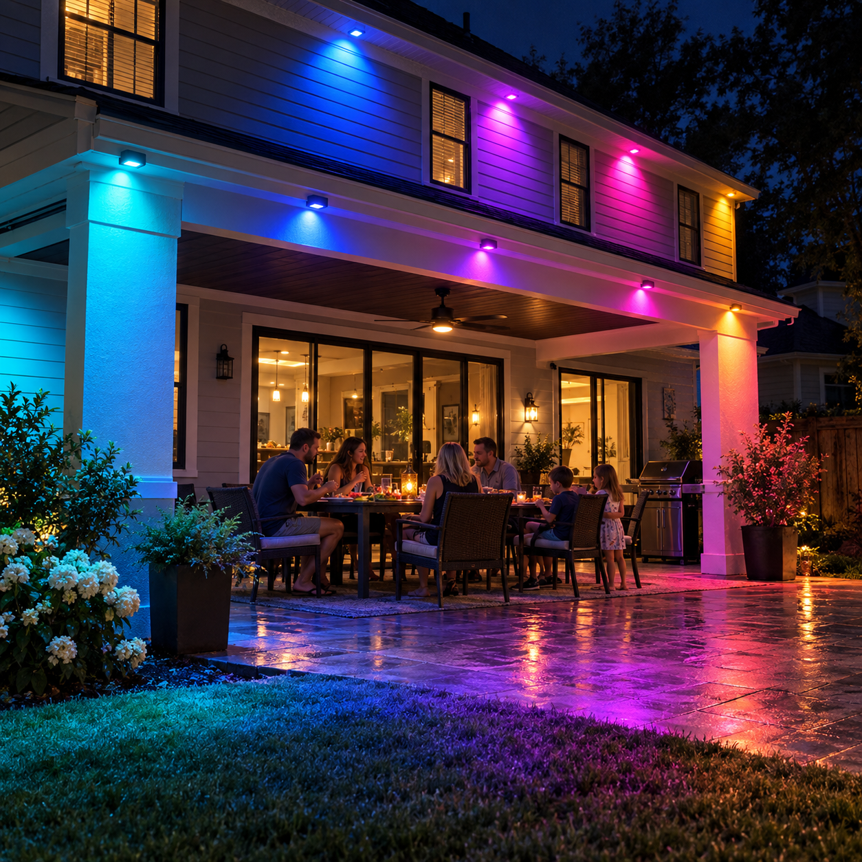 Colorful permanent LED lighting around an outdoor patio