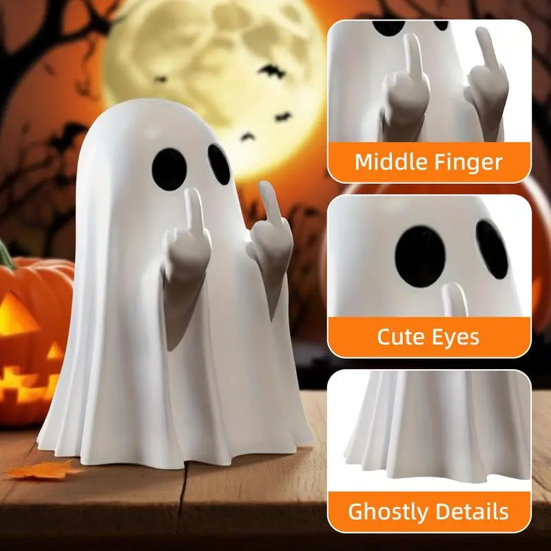 Halloween Ghost Figurine - Plastic Spooky Middle Finger Ghost Decor Cute & Edgy Indoor Outdoor Halloween Decor for Porch & Home