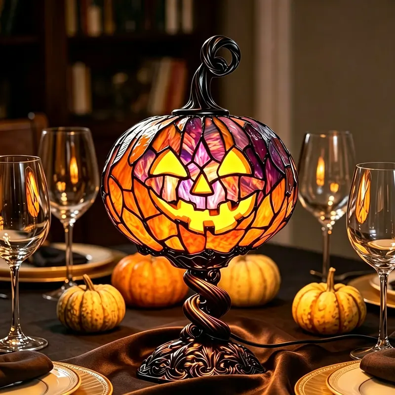 Halloween Christmas Stained Glass Pumpkin Table Lamp, Vintage Tiffany Style Jack O Lantern Pumpkin Night Light, Retro Decorative Desk Lamp for Holiday Party Home Bedroom Dining Table Ornament Gift