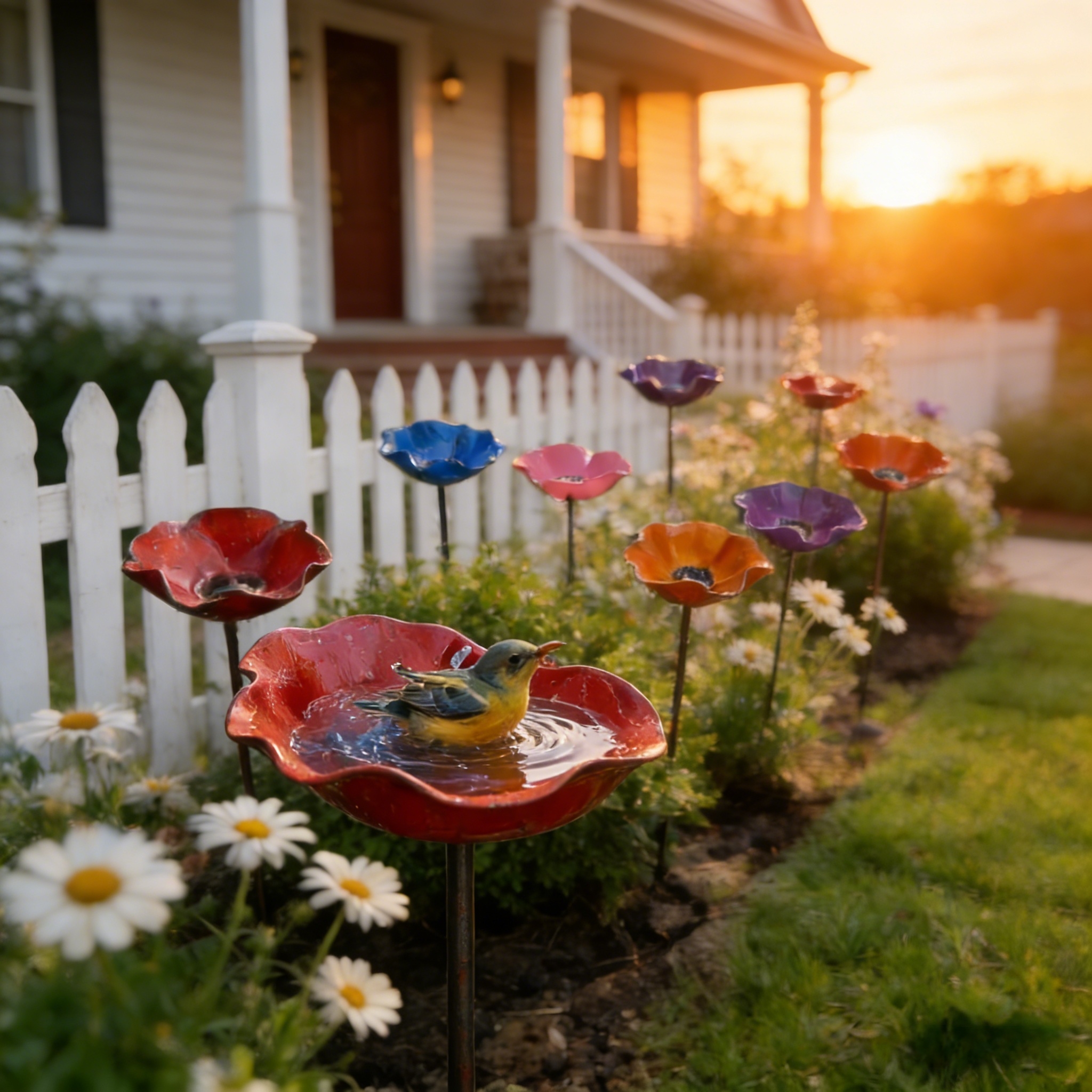 Handmade Metal Flower Bird Bath & Pollinator Water Station