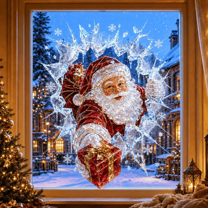 Crystal Christmas Break-In Window Decal — 3D Shattered-Glass Holiday Window Decoration