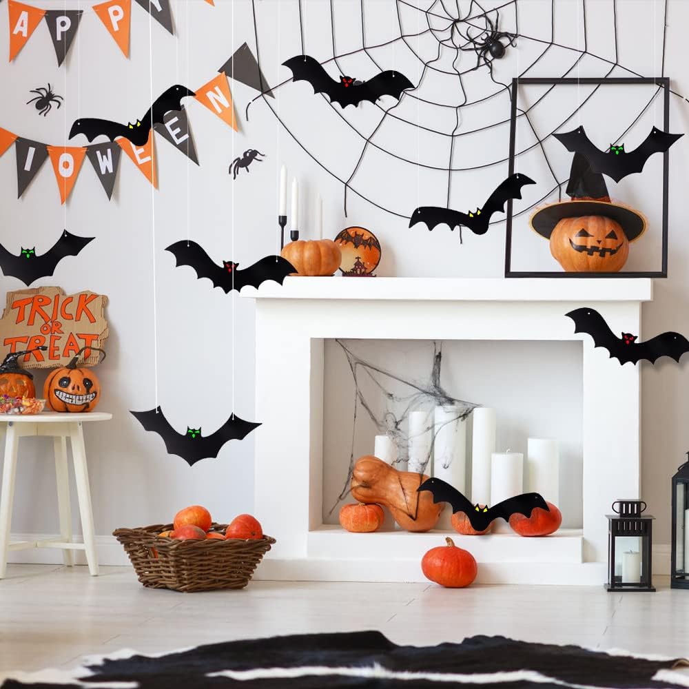 Halloween Hanging Bats for 12PCS 3D Halloween Yard Outdoor Decoration Realistic Scary Large Fake Black Hanging Flying Bat Spooky for Halloween Indoor Sign Lawn Decorations