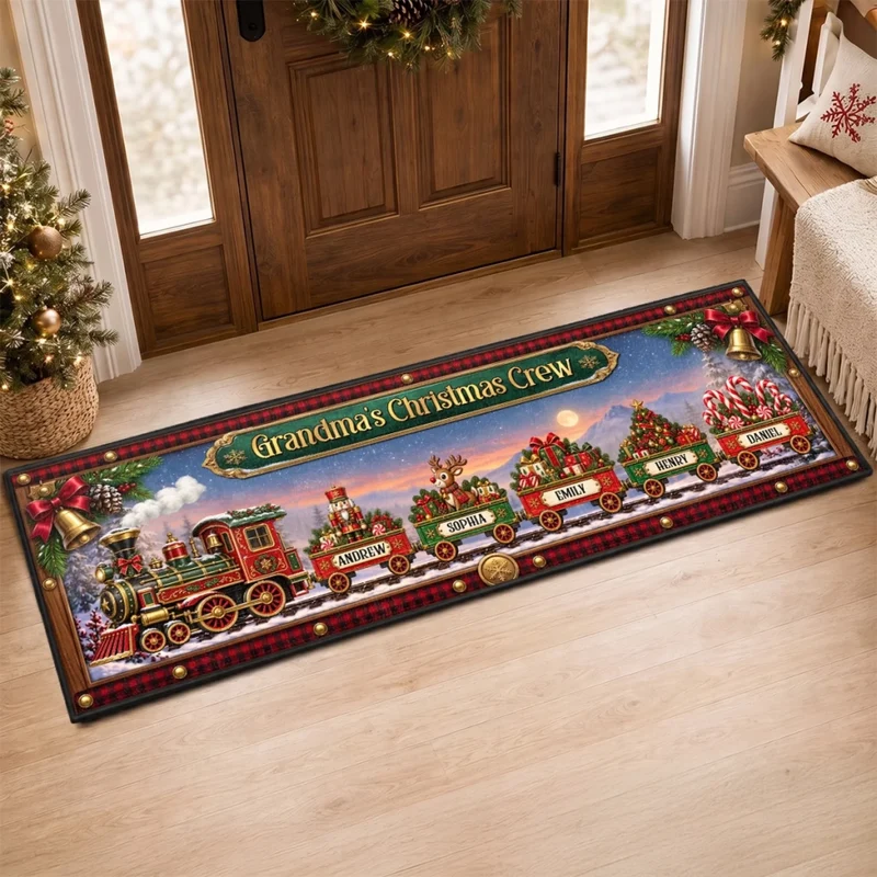 🎄 Personalized Christmas Family Train Door Mat 🚂 Custom Holiday Welcome Rug With Family Names | Cozy Front Door Christmas Decor