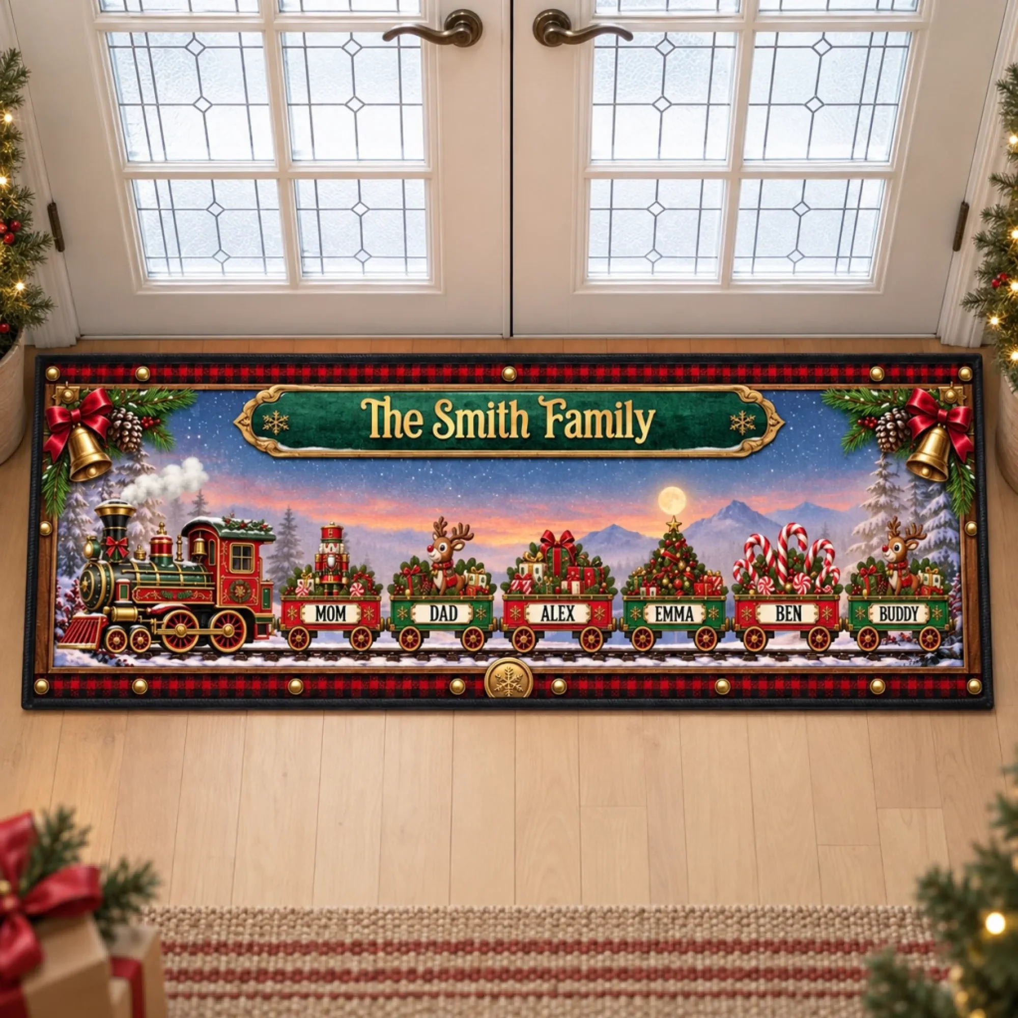 🎄 Personalized Christmas Family Train Door Mat 🚂 Custom Holiday Welcome Rug With Family Names | Cozy Front Door Christmas Decor