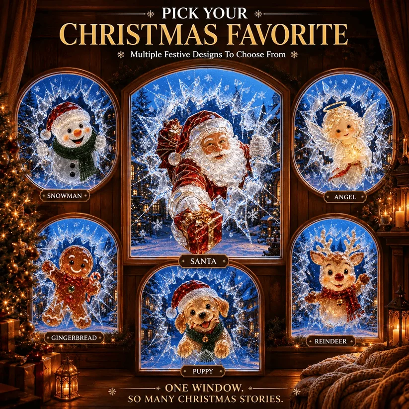 Crystal Christmas Break-In Window Decal — 3D Shattered-Glass Holiday Window Decoration