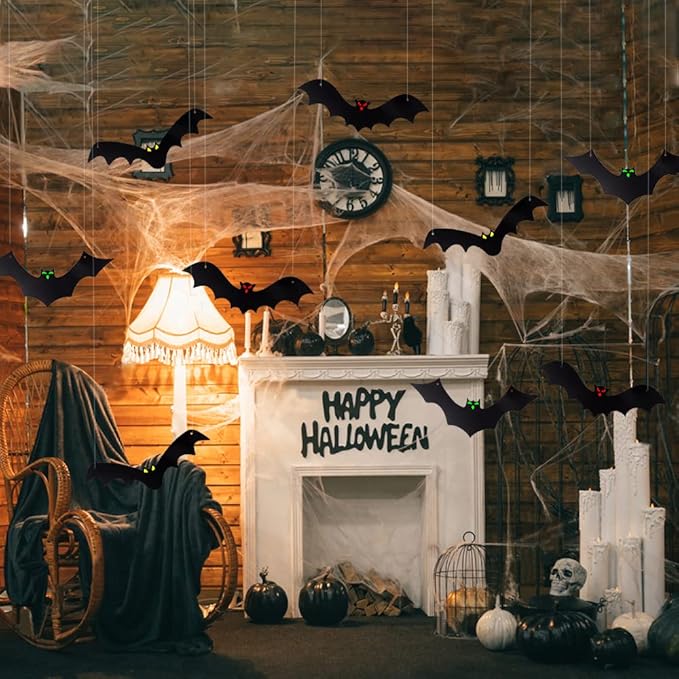 Halloween Hanging Bats for 12PCS 3D Halloween Yard Outdoor Decoration Realistic Scary Large Fake Black Hanging Flying Bat Spooky for Halloween Indoor Sign Lawn Decorations