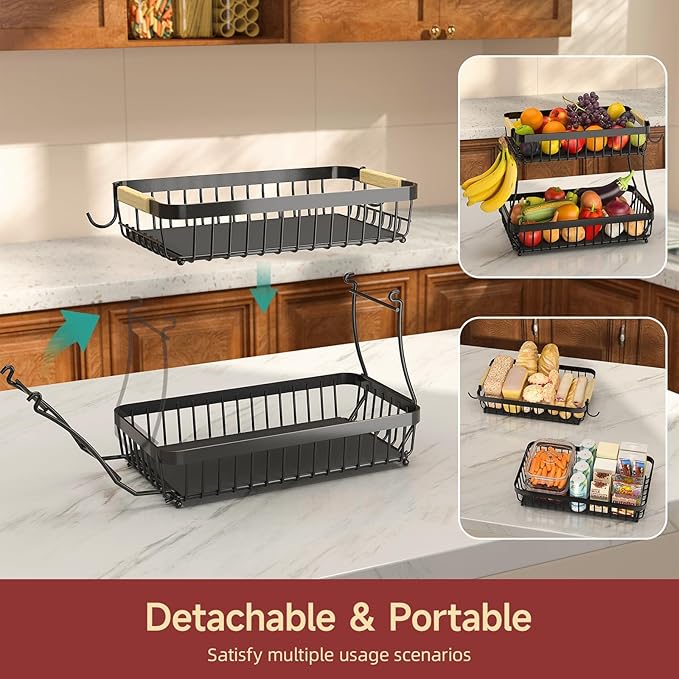 🍌 2-Tier Fruit Basket with Banana Hanger, Detachable Metal Bowl | Large Kitchen Counter Organizer for Fruits, Veggies & Snacks