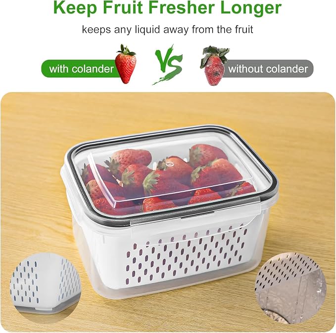 🍓 3PCS Fruit Storage Containers 🥗 | Airtight Fresh Keeper with Removable Colander 💧