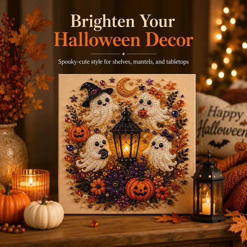 Small Size No light Spooky Cute Ghost 8inx8in Themed Pearl 3D Diamond Painting DIY Kit, Multipurpose Fall Season Handicraft Set, Beautiful Wall Art Furnishing Accessory for Household Indoor Decoration & Holiday Party Present