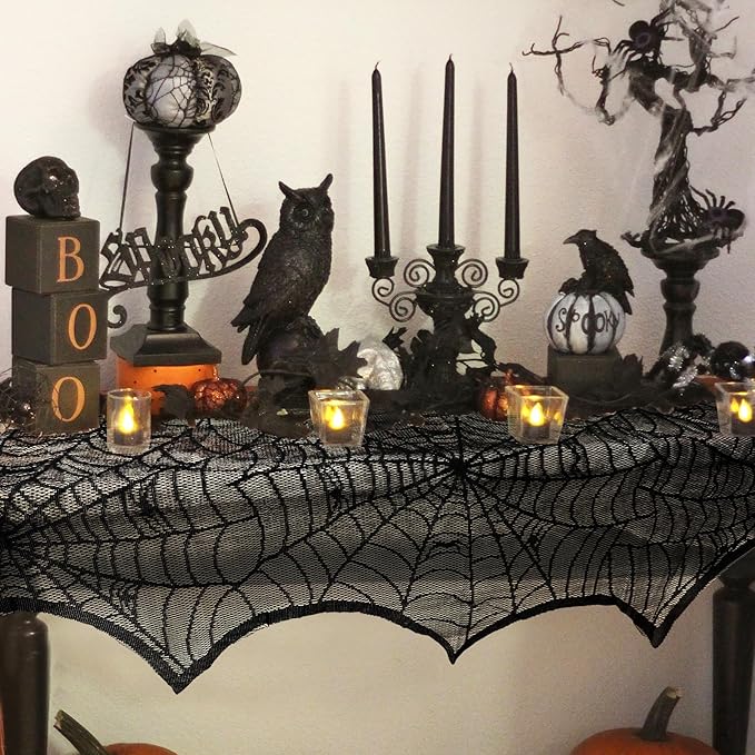 AerWo Halloween Decoration Black Lace Spiderweb Fireplace Mantle Scarf Cover Festive Party Supplies （45 X 243cm 18 x 96 inch）