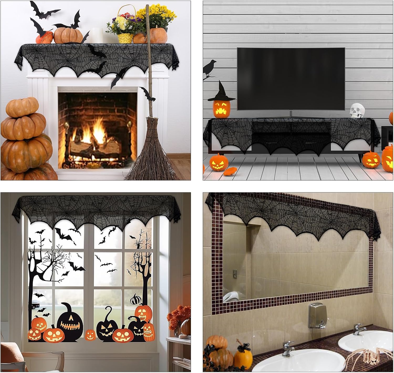 AerWo Halloween Decoration Black Lace Spiderweb Fireplace Mantle Scarf Cover Festive Party Supplies （45 X 243cm 18 x 96 inch）