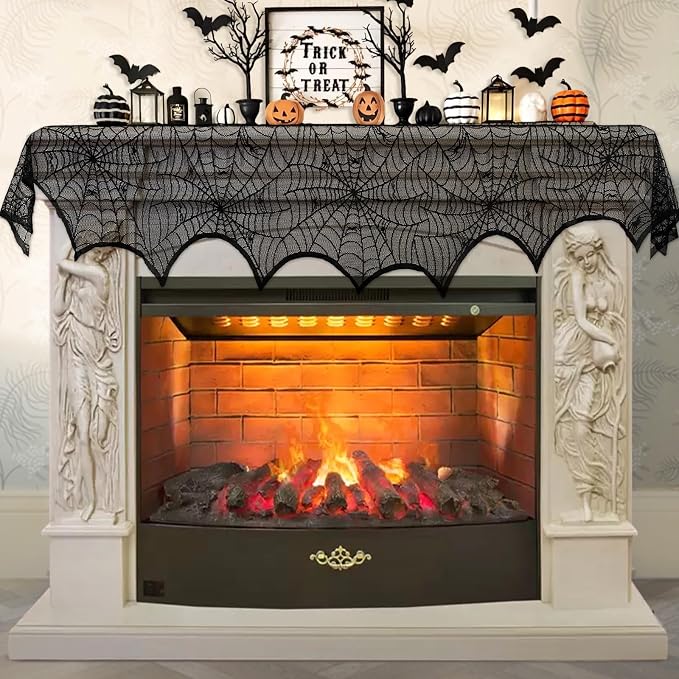 AerWo Halloween Decoration Black Lace Spiderweb Fireplace Mantle Scarf Cover Festive Party Supplies （45 X 243cm 18 x 96 inch）