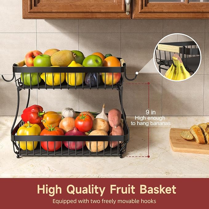 🍌 2-Tier Fruit Basket with Banana Hanger, Detachable Metal Bowl | Large Kitchen Counter Organizer for Fruits, Veggies & Snacks