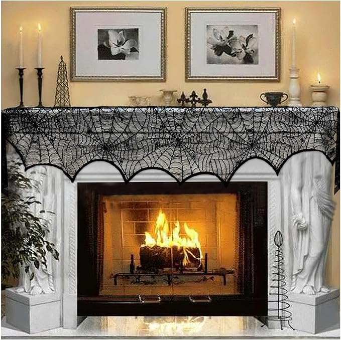 AerWo Halloween Decoration Black Lace Spiderweb Fireplace Mantle Scarf Cover Festive Party Supplies （45 X 243cm 18 x 96 inch）